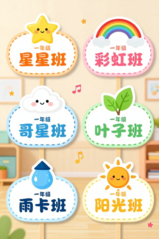 清新马卡龙风一年级班级标识牌设计