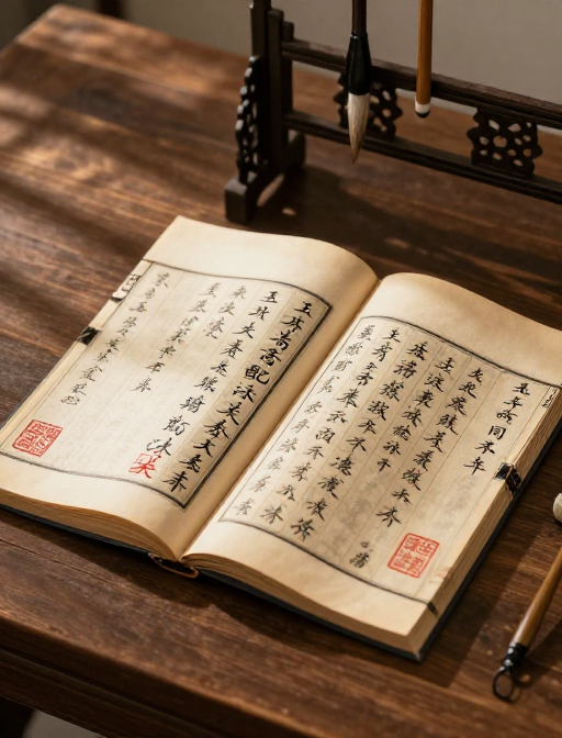 古籍墨韵：暖光下泛黄纸页的书法艺术之美