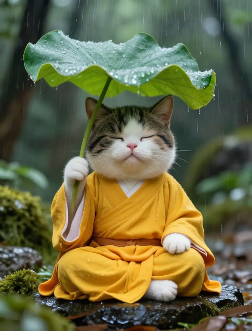 雨中禅意:僧衣猫咪的静谧沉思瞬间