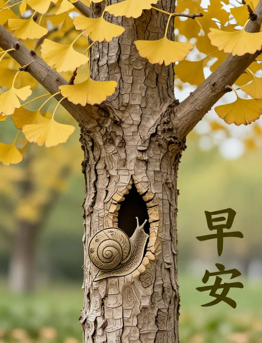 晨光银杏与蜗牛：沙画浮雕自然早安图