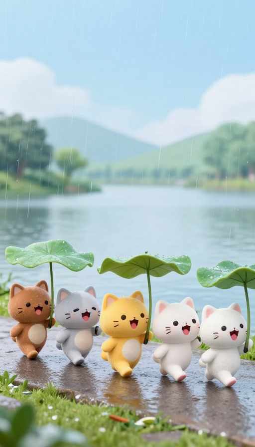 雨中萌动:五只3D卡通小猫撑伞合唱的治愈瞬间