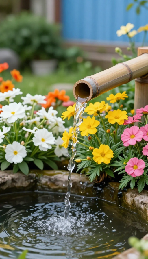 清新田园风光：竹管流水与多彩花卉的自然景致