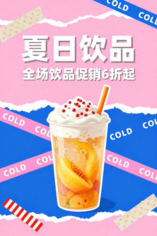 夏日清凉拼贴海报：缤纷饮品促销
