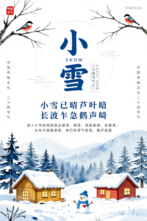 清雅蓝白雪景小雪节气水墨海报