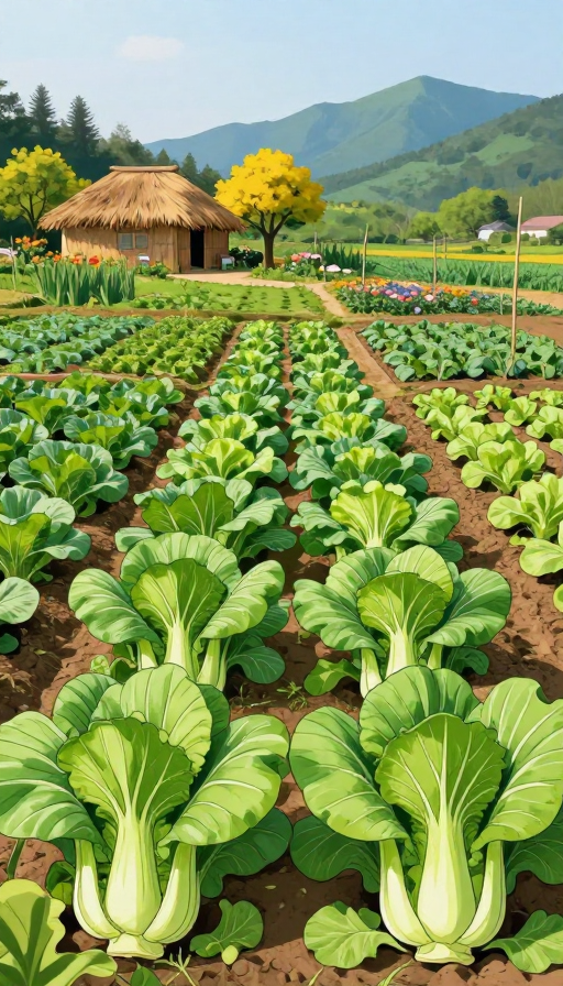 清新田园实景风：翠绿蔬菜与茅草屋的宁静之美