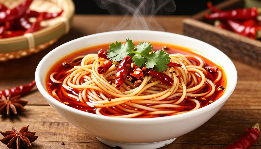 热气腾腾的红油麻辣面,诱人食欲的视觉盛宴