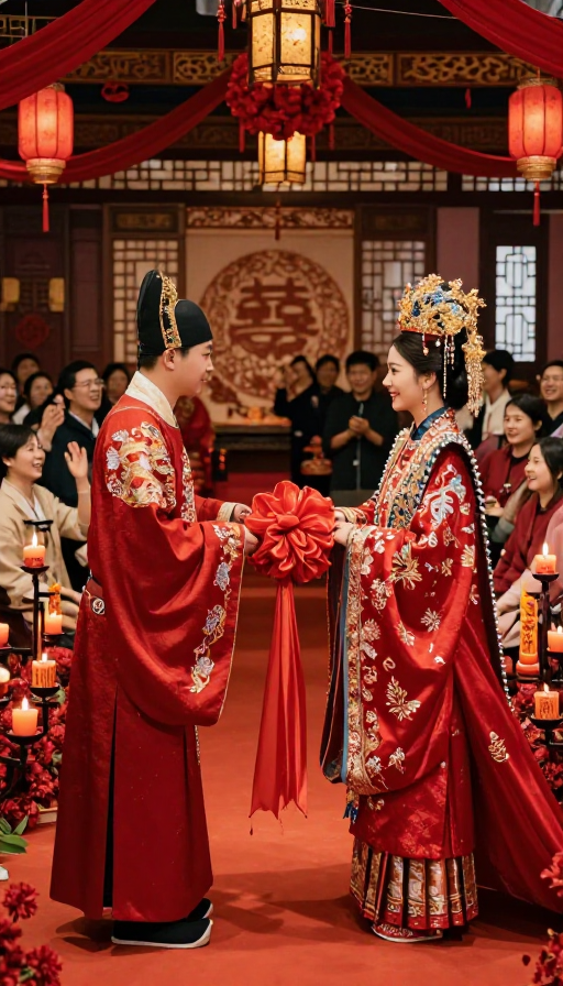 中式婚礼盛宴:新人身着蟒袍霞帔深情行礼的华丽瞬间