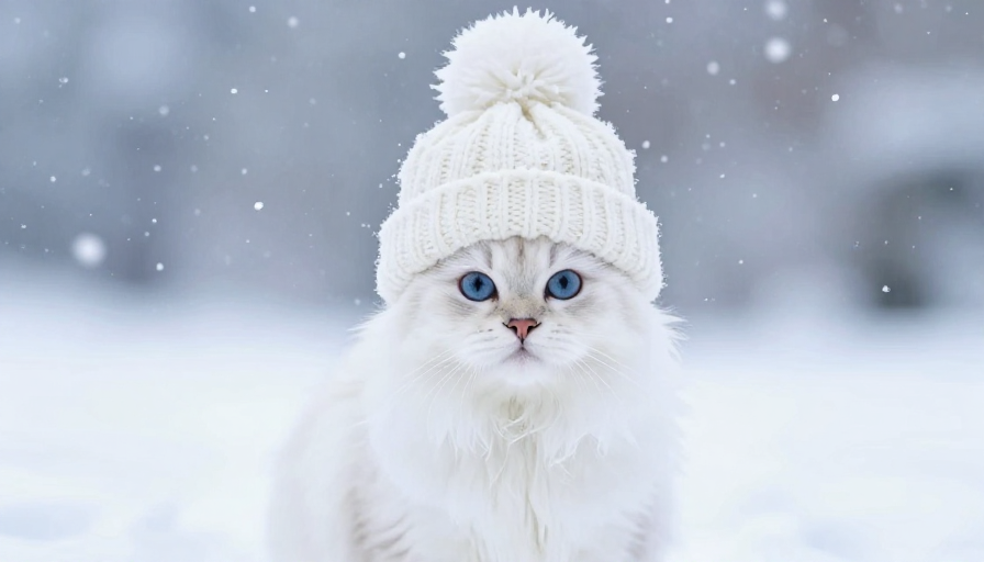 冬雪中的萌白猫:毛绒绒的温暖与纯净