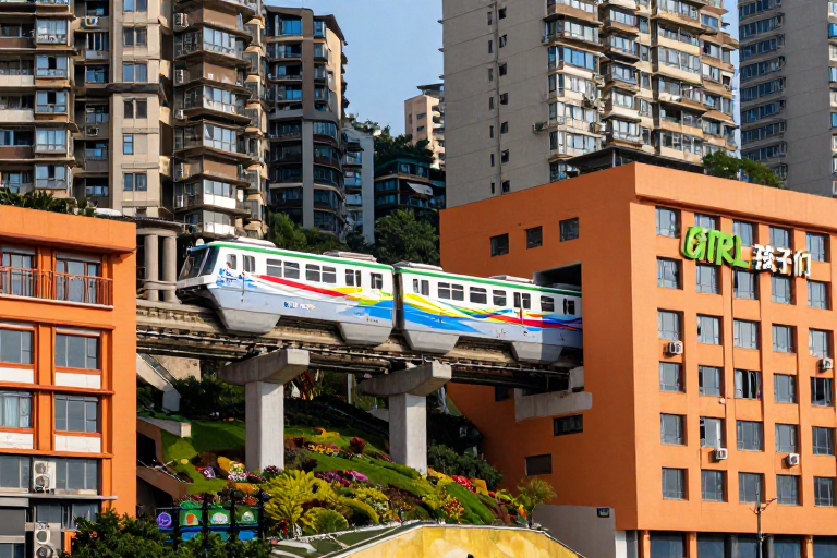 重庆轻轨穿行橙绿建筑群,色彩鲜明摄影