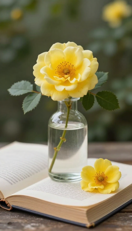 透明瓶中静置的黄色蔷薇花与书本,营造幽静复古意境