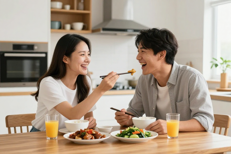 温馨时刻：亚洲情侣共享美食的居家时光