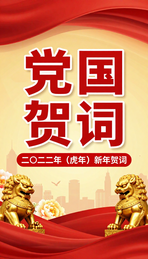 红色金色党政虎年新年贺词海报