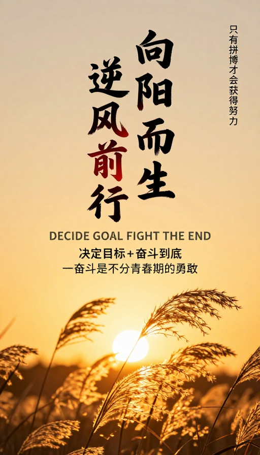 金色日落芦苇励志海报:向阳而生逆风前行