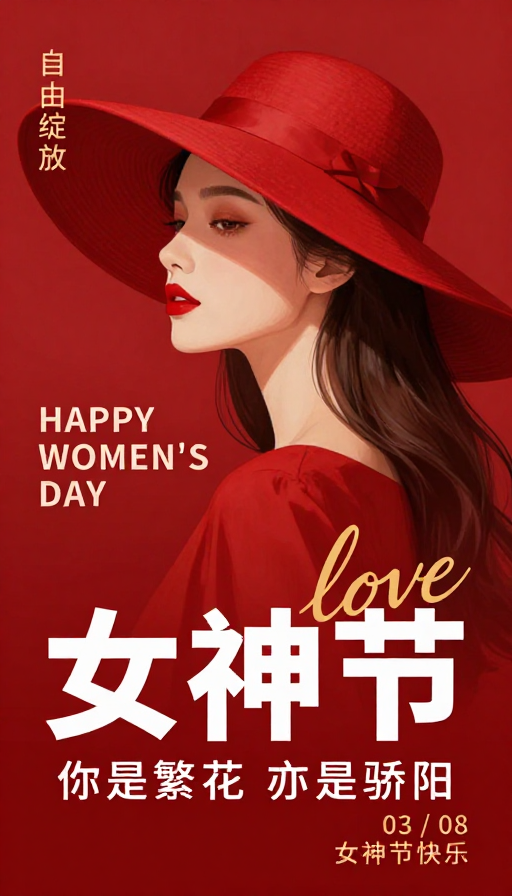 女神节红色浪漫插画海报设计
