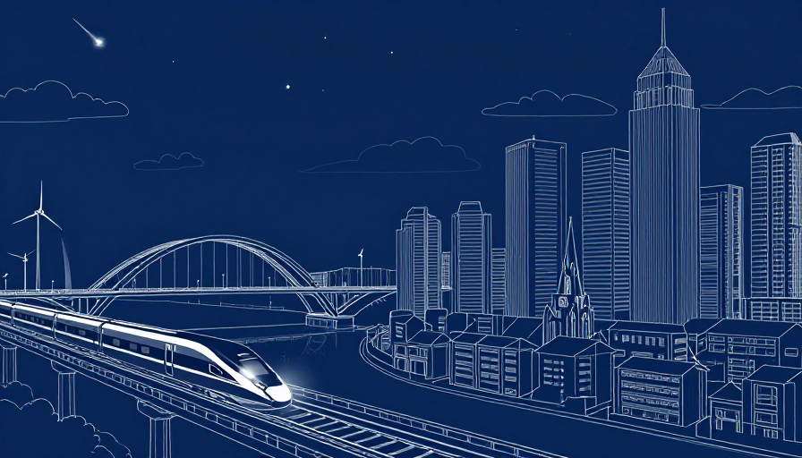 未来都市夜景：动态列车与静谧拱桥的线稿插画