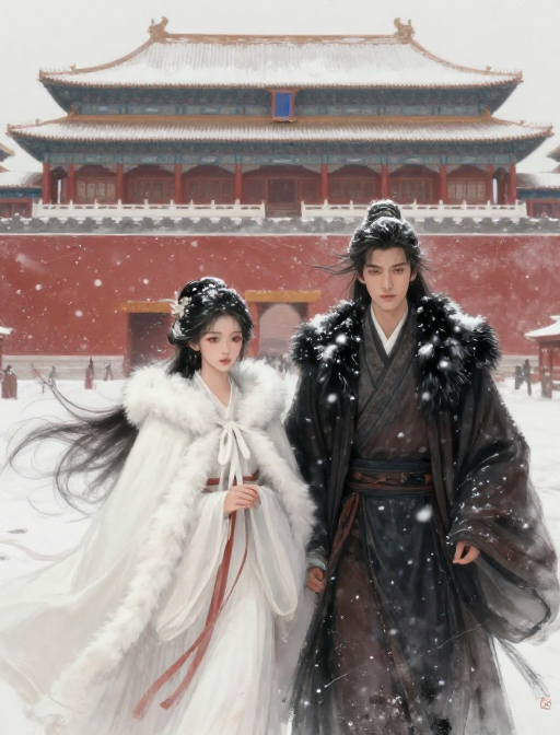 暗红宫墙风雪双影:古风插画