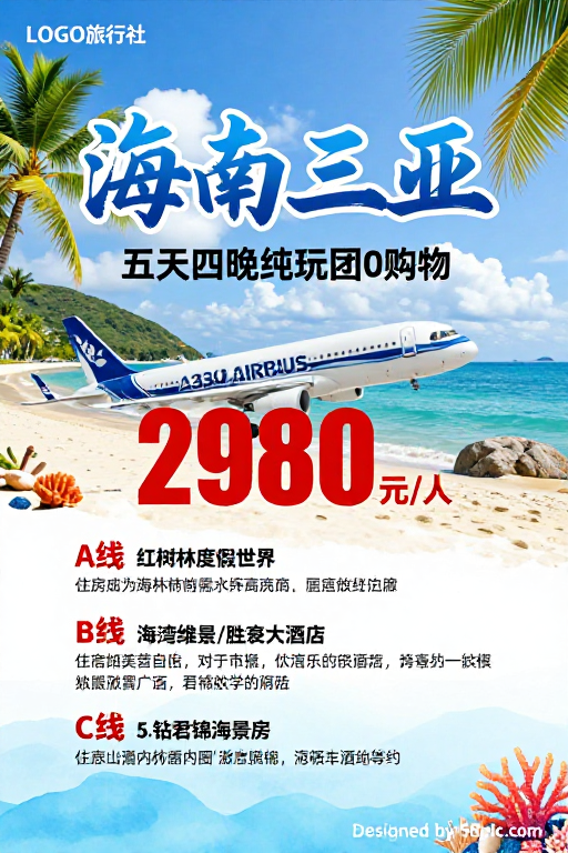 三亚热带海滨度假纯玩团广告海报
