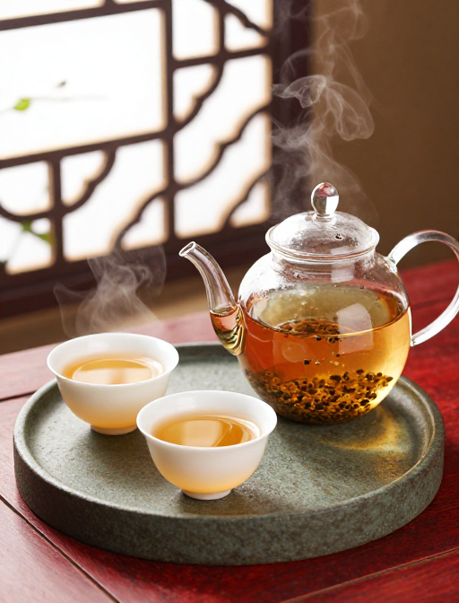 古风茶韵：红木与琉璃的晨间静物之美