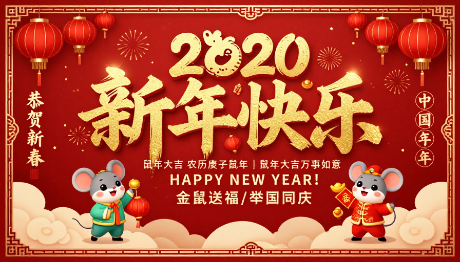 2020鼠年新春海报，红色中国风金箔贺卡设计