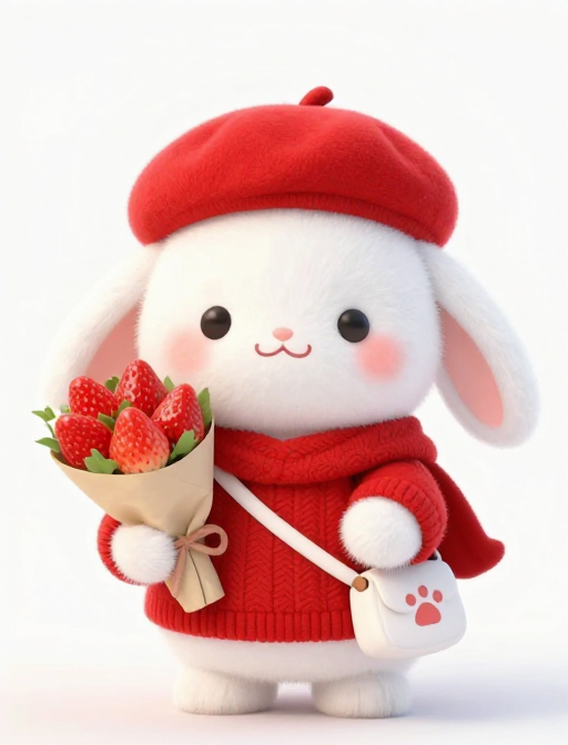 萌趣Q版小白兔:红帽草莓花束的梦幻瞬间