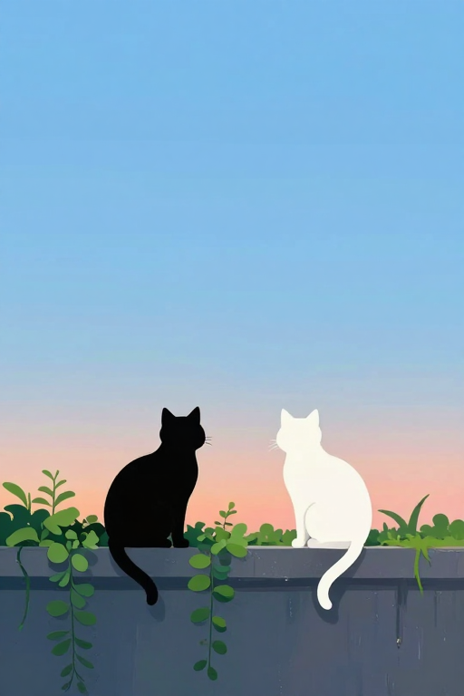 极简治愈：黑猫白猫蹲绿植墙头插画