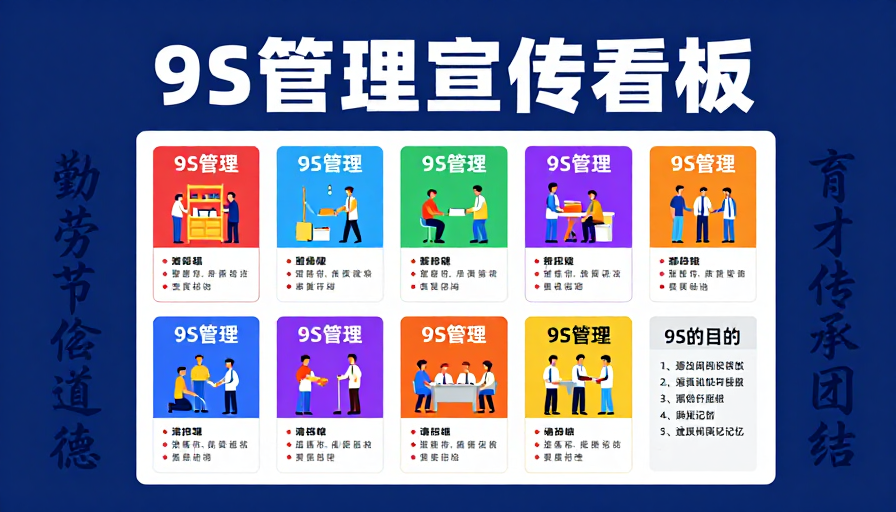 深蓝色9S管理看板:勤劳节俭与团结传承的视觉宣言