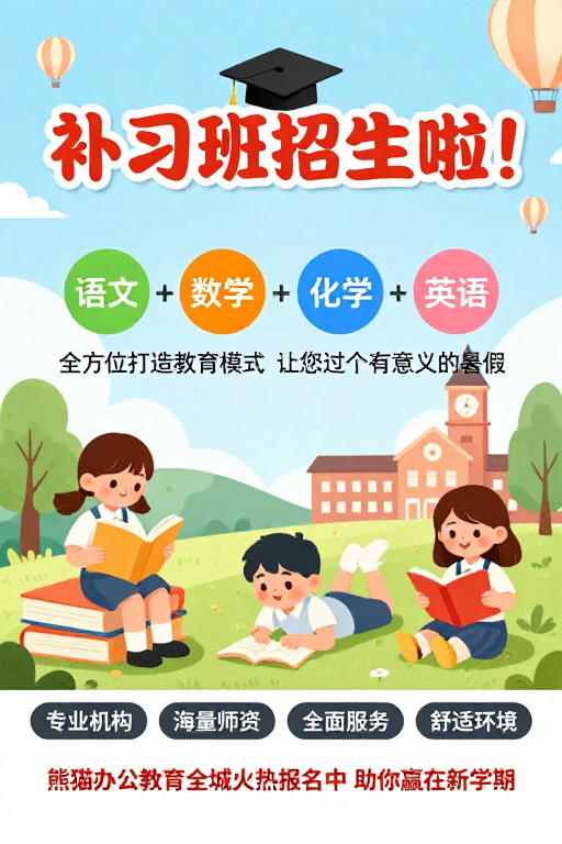 清新明亮教育招生海报:扁平插画风暑期课程推广