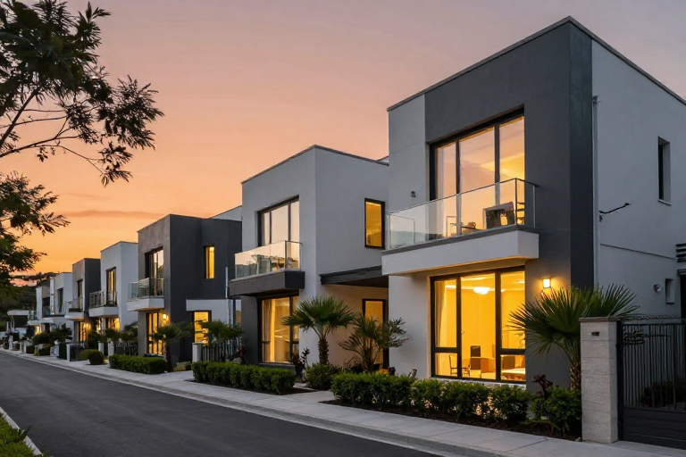 现代联排别墅黄昏实景：极简建筑与暖光营造静谧奢华