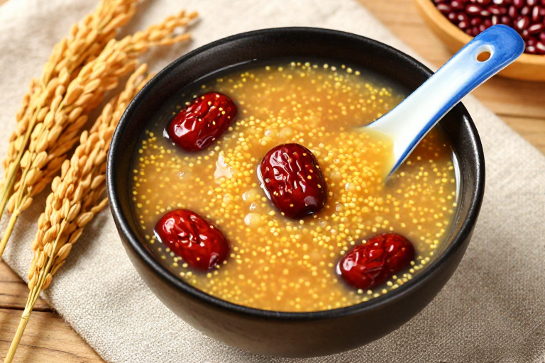 琥珀暖调红枣小米粥配金黄稻穗，健康美食摄影