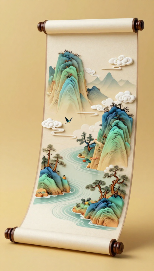 国风3D卷轴山水：金色背景下的禅意超现实画卷