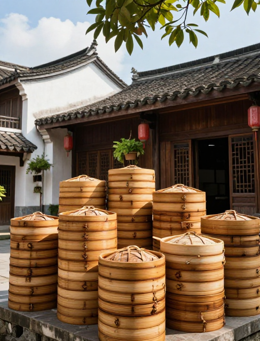 竹韵古院：传统蒸笼堆叠意境图