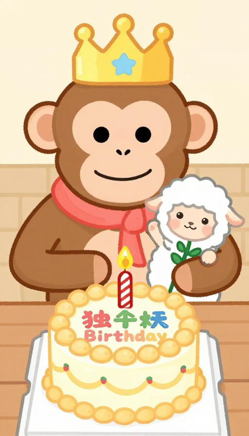 猴子生日派对：皇冠蛋糕羊送花庆祝