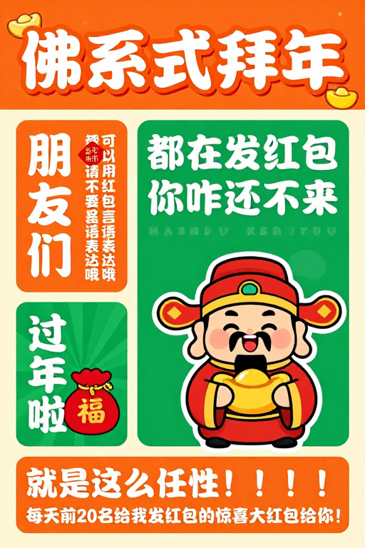 佛系拜年欢乐海报：橙红绿彩新年祝福