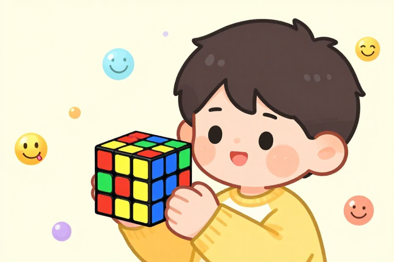 男孩玩魔方:彩色表情符号泡泡的童趣温馨插画特写