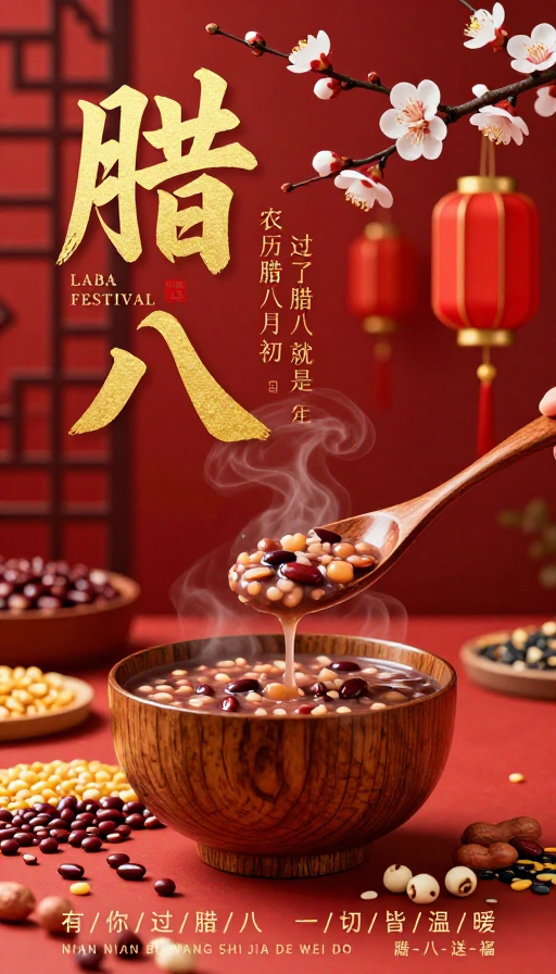 腊八节红金中国风海报，暖香传递年味与祝福
