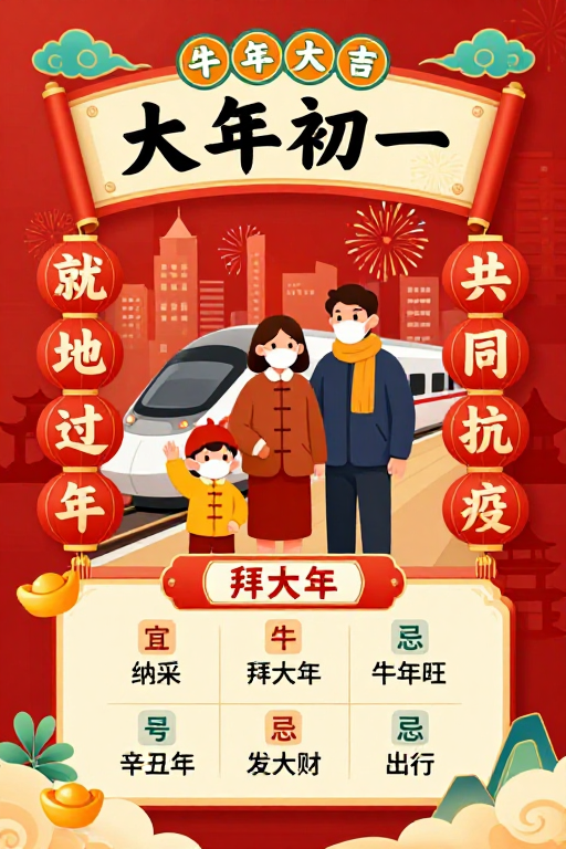 牛年春节海报：防疫团圆共绘喜庆