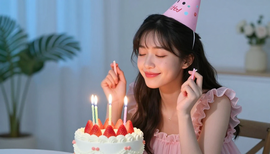 温馨生日人像：粉嫩少女烛光许愿