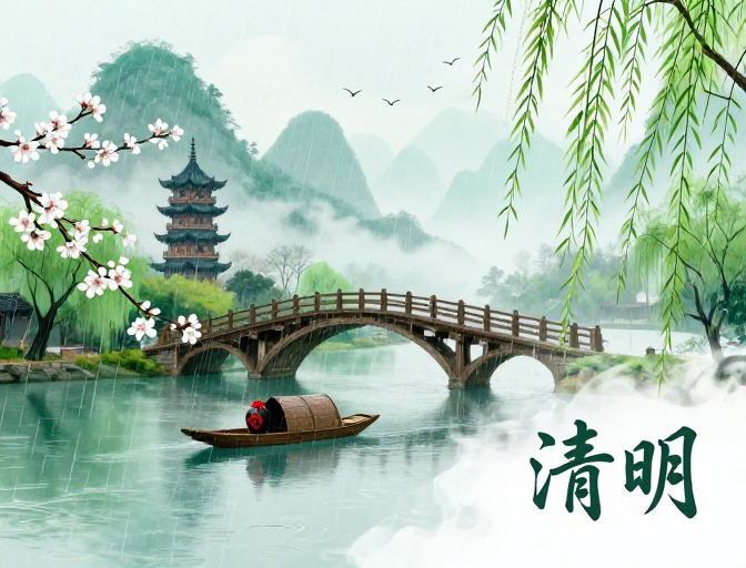 清明烟雨江南樱韵水墨画卷