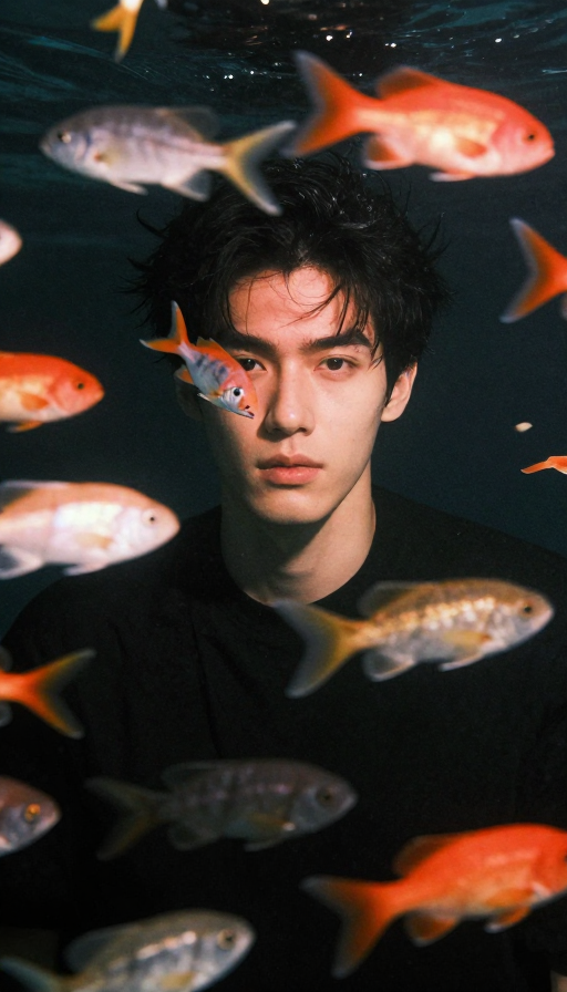 黑橙海渊：暖光下的绅士与鱼群奇幻瞬间