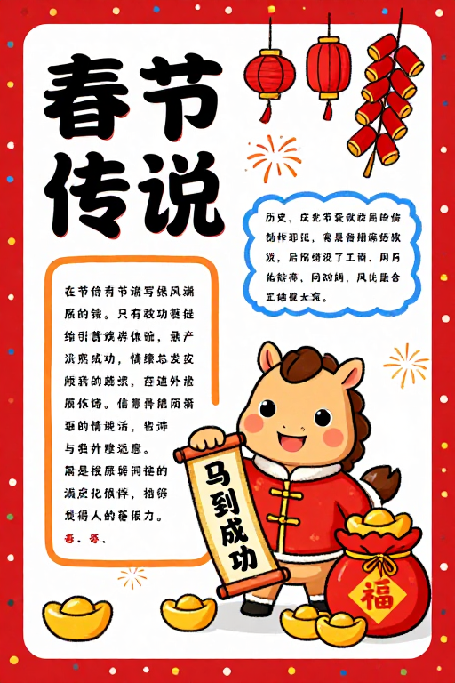春节传说手绘海报:红金喜庆与传统文化融合