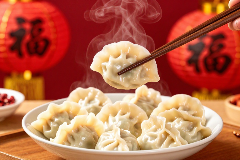 热气腾腾的饺子:春节暖红灯笼盛宴