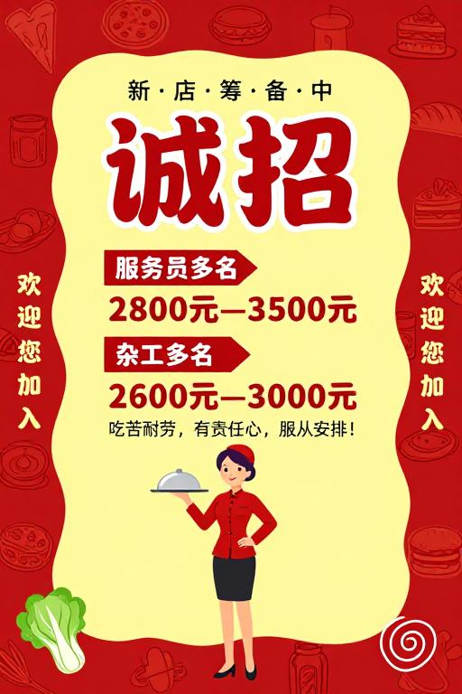 红黄活力餐饮海报·诚招服务员与杂工