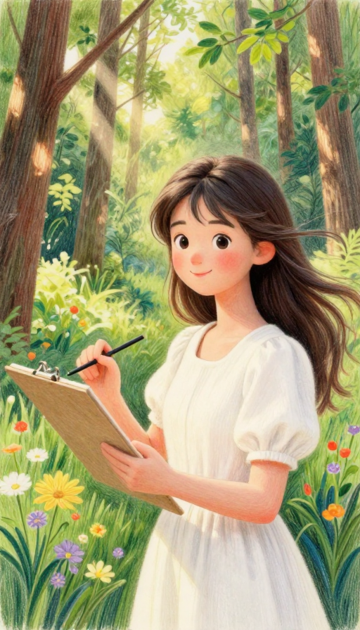 彩铅少女森间绘梦:治愈系3D人像插画