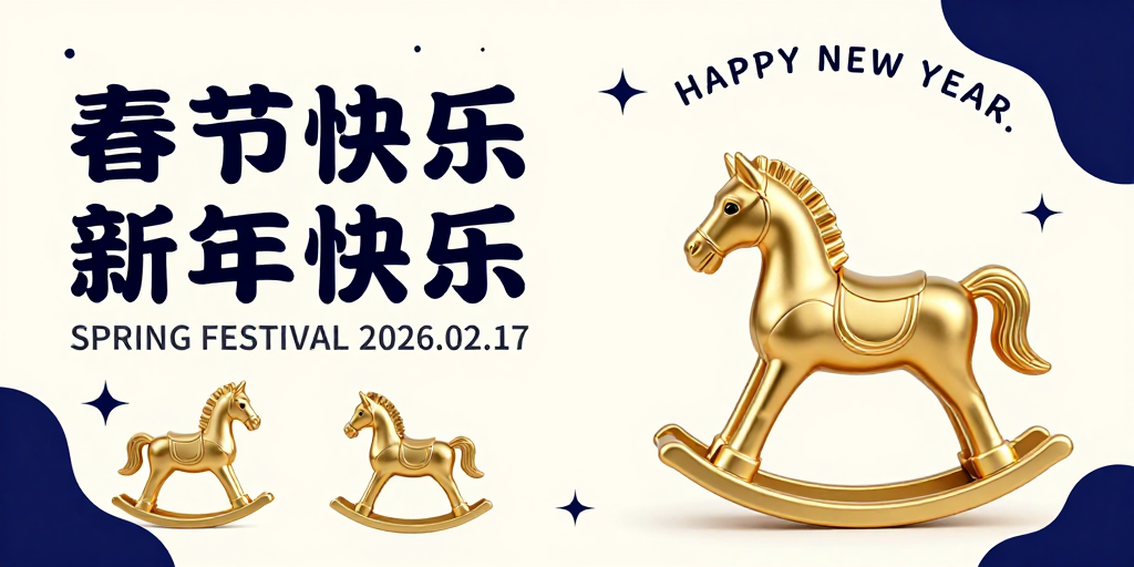 深蓝米白春节海报:复古金属摇马与现代设计融合