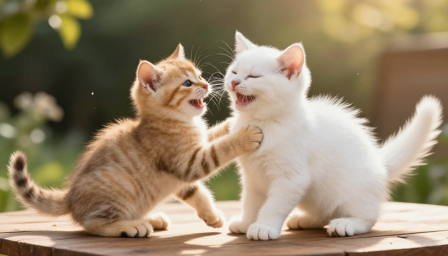 萌趣双猫温馨嬉戏:逆光下的自然瞬间