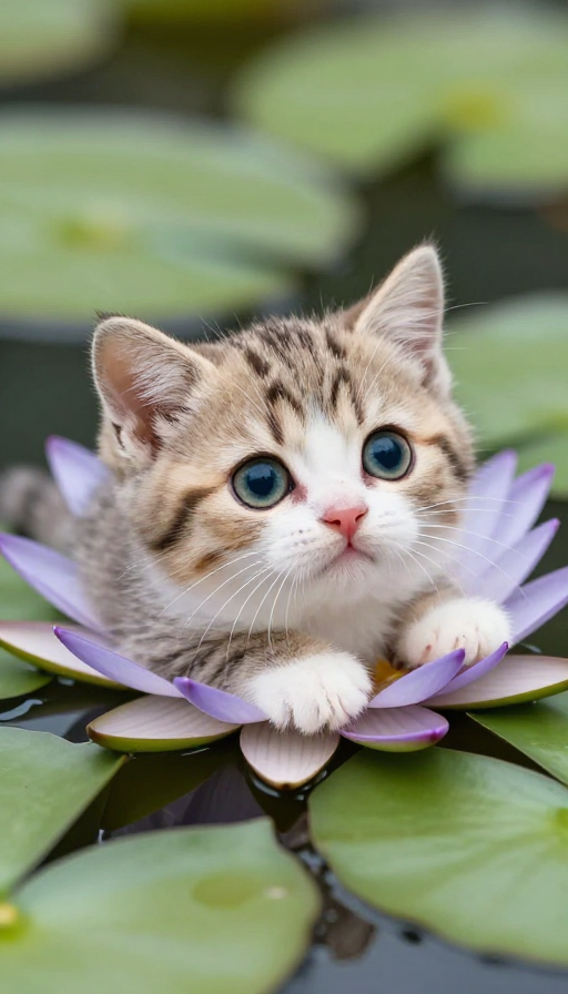萌趣Q版小奶猫卧睡莲，明亮双眼超可爱