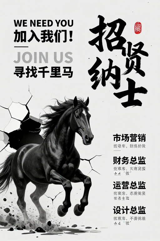 东方书法邂逅奔马破墙：现代招聘海报设计
