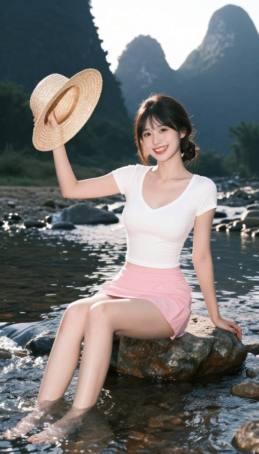 喀斯特溪畔黑发少女轻快挥手