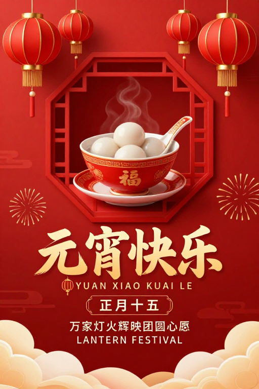 元宵佳节喜庆海报：传统红金融合艺术渲染团圆氛围
