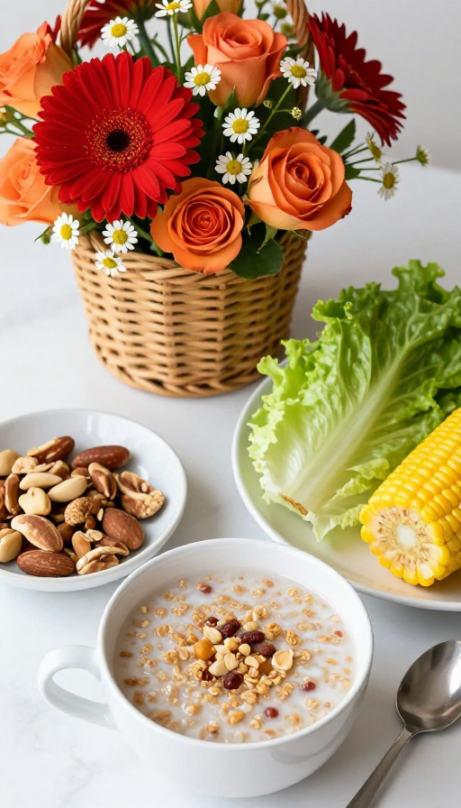 晨光下的健康早餐:花篮与新鲜食材的写实摄影